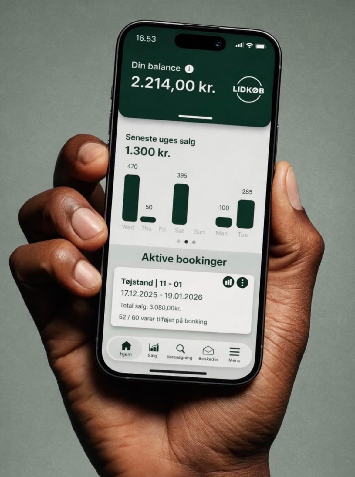 Lidkøb app med salgsbalance og aktive bookinger